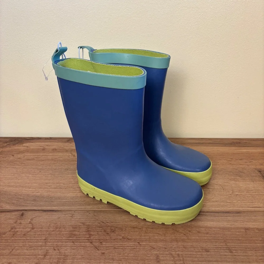 Harper Canyon Audra Rain Boots Blue Green Kids Size 11 Rubber Lug Sole Pull On